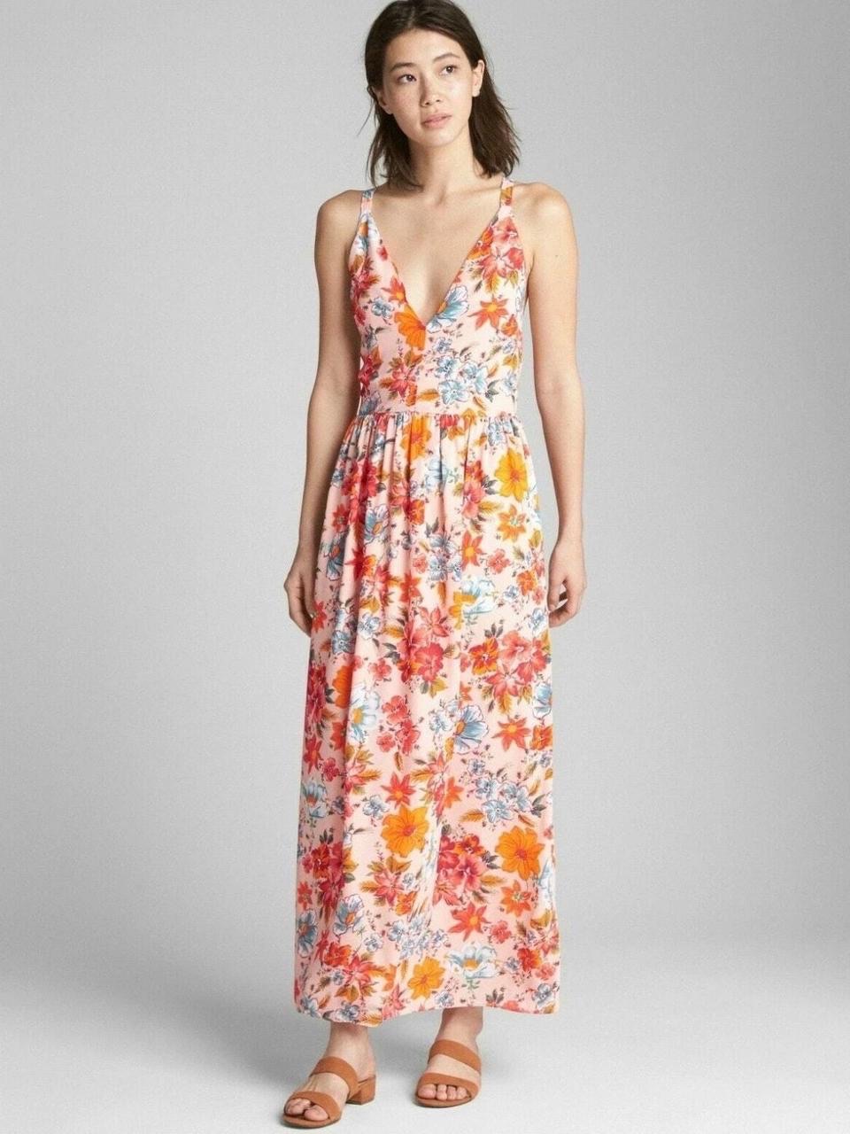 Gap Pink Floral V-Neck Maxi Dress